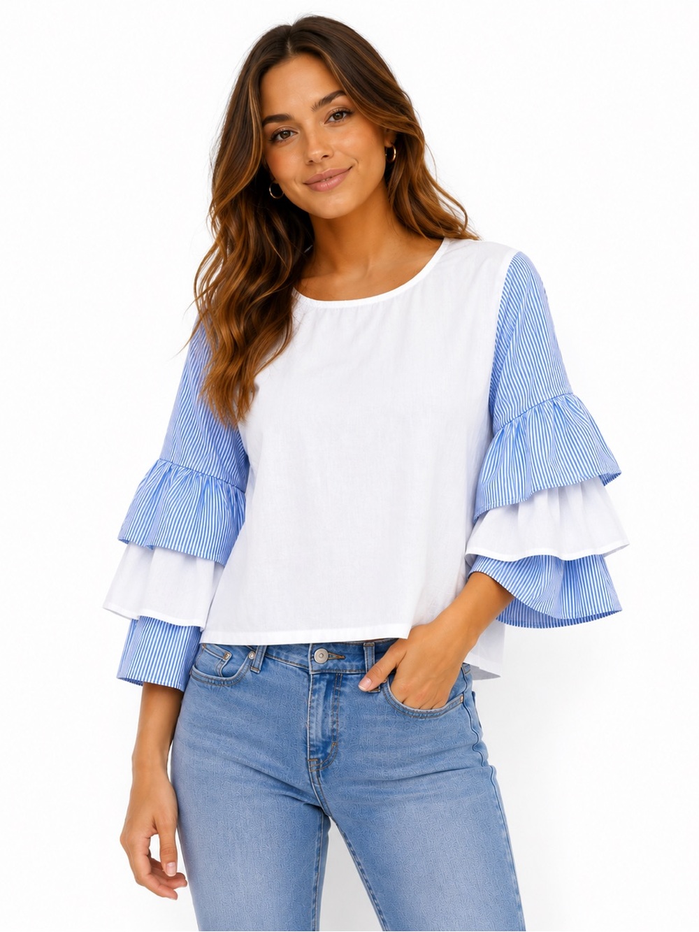 (A6) NEW Ruffled sleeve Blue and White Top with tie back, Size‎ M, NWOT